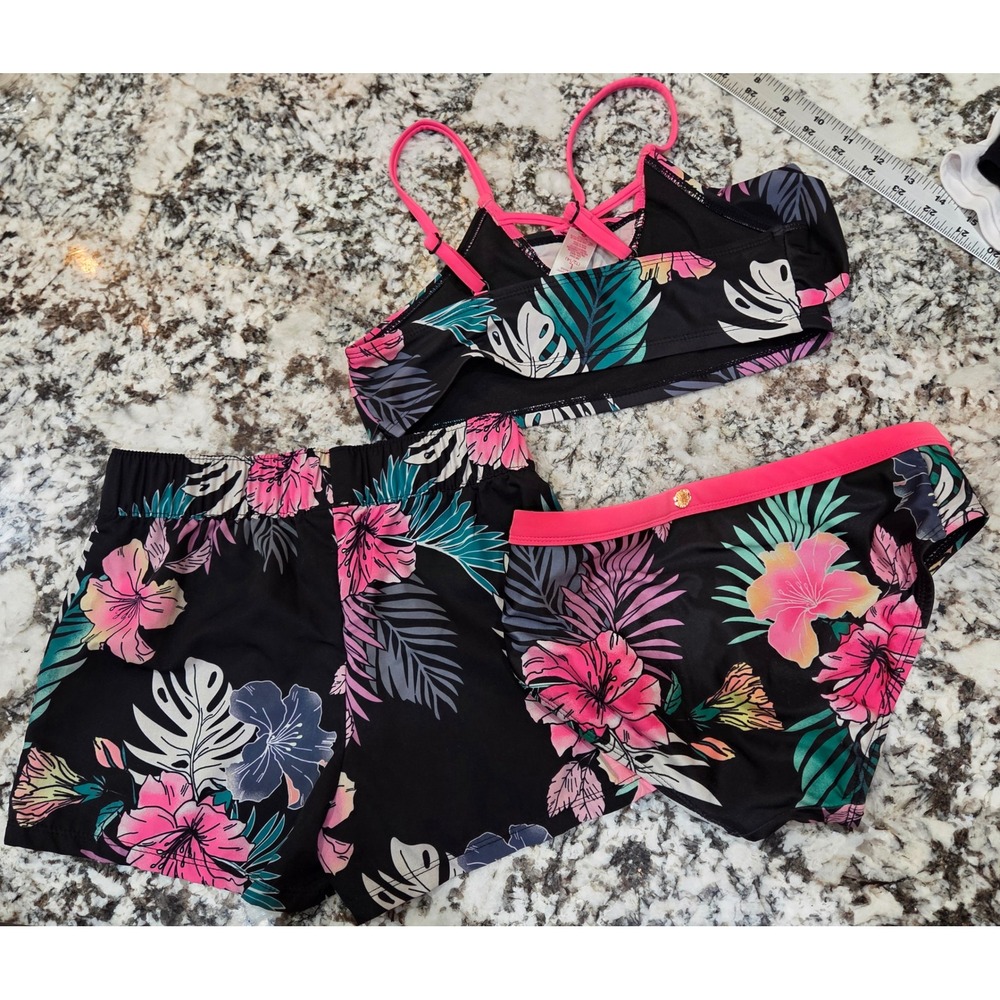 Justice Beach Girls 3 Piece Swimsuit Set Tropical Floral Bikini and Shorts large